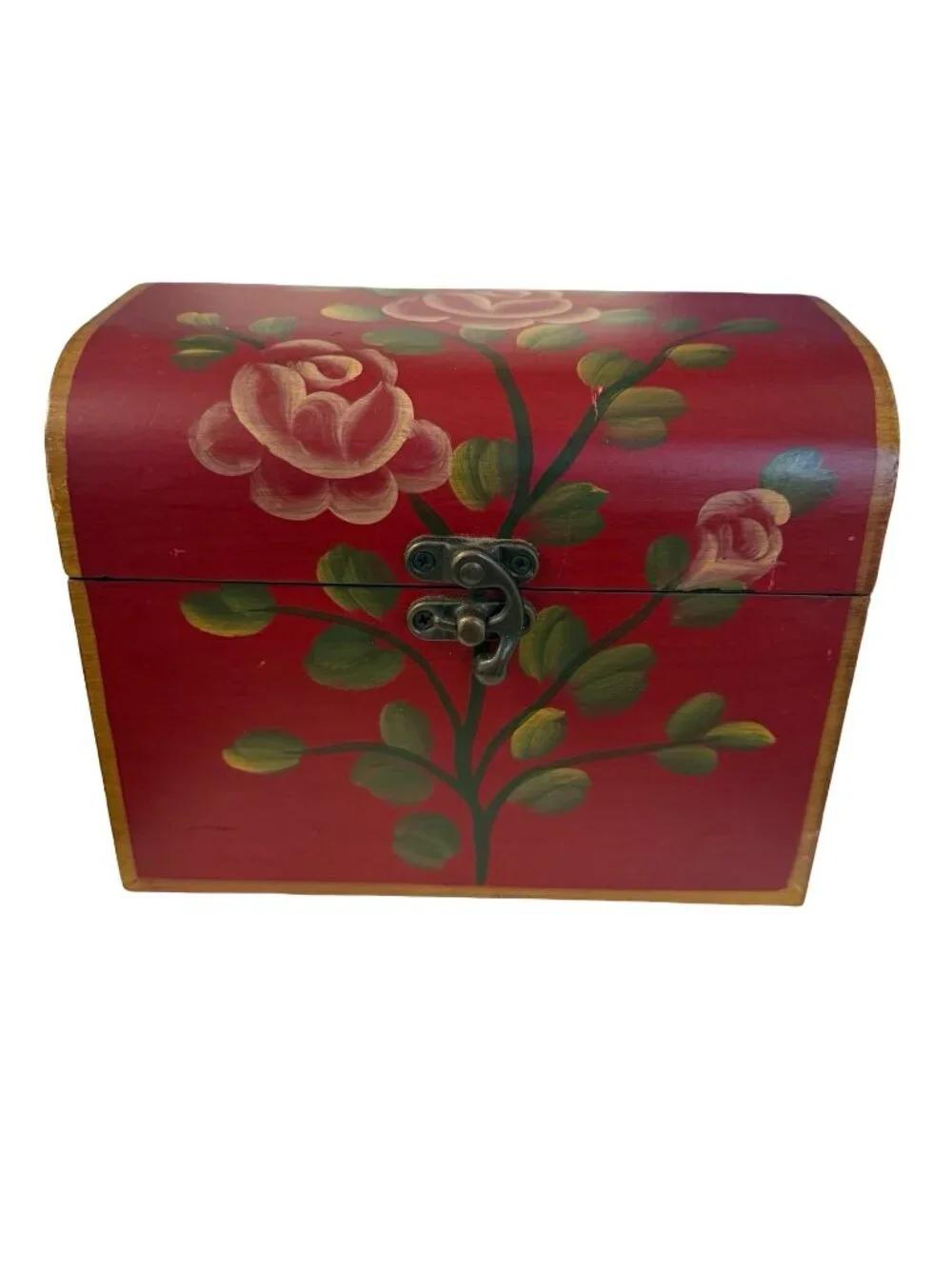 Vintage Hand Painted Floral Wooden Treasure Chest Jewelry Box Red Roses Emrad Cr